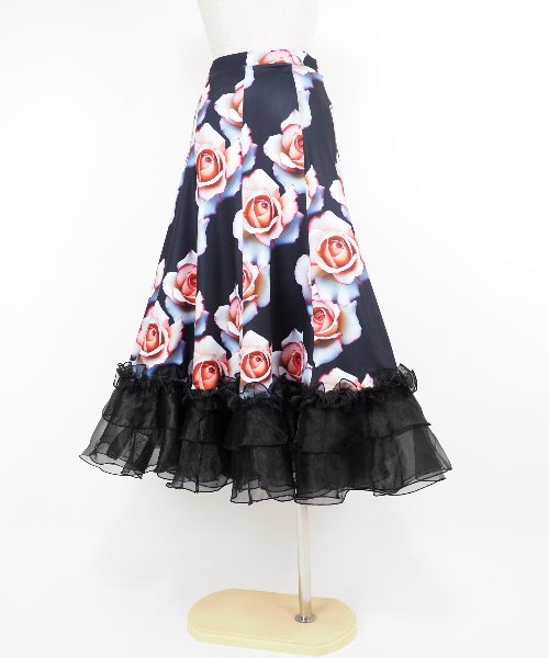 オーガンジーフリルのロングスカート 赤系花柄 【社交ダンス 衣装