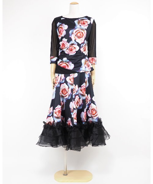 新品】ピンク花柄プリントオーガンジーフリルスカート社交ダンス