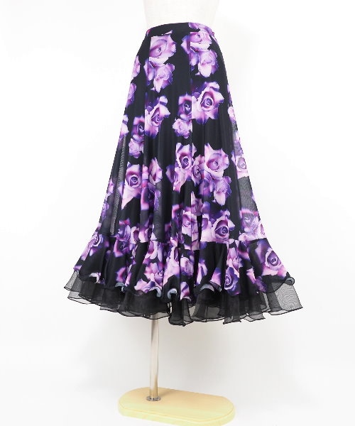 ソフトメッシュ裾フリルスカート パープル系柄 【社交ダンス