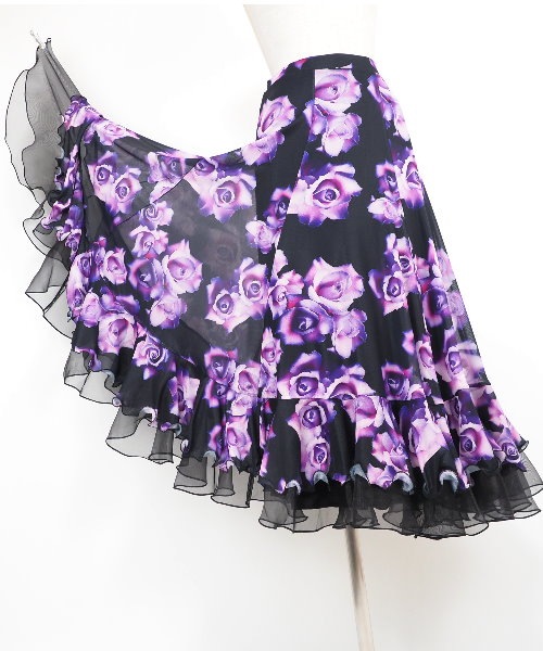 ソフトメッシュ裾フリルスカート パープル系柄 【社交ダンス 衣装