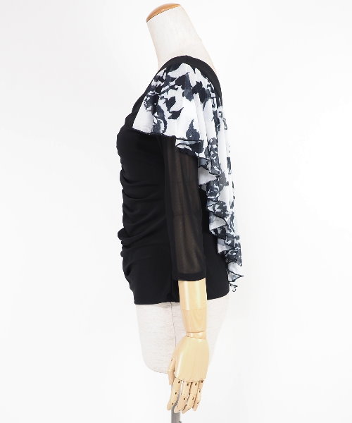 【パーティーに】新品　フリル付き黒白花柄プリント　社交ダンスツーピースr97-8 パーティーに】新品 フリル付き黒白花柄プリント 社交ダンス