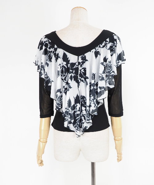 【パーティーに】新品　フリル付き黒白花柄プリント　社交ダンスツーピースr97-8 パーティーに】新品 フリル付き黒白花柄プリント 社交ダンス