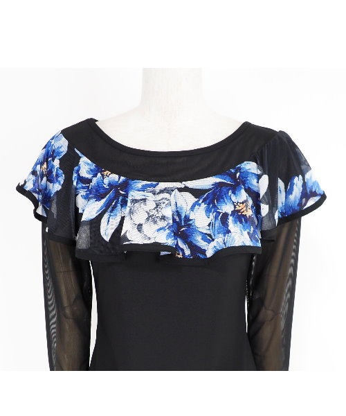 【パーティーに】新品　フリル付き黒白花柄プリント　社交ダンスツーピースr97-8 パーティーに】新品 フリル付き黒白花柄プリント 社交ダンス