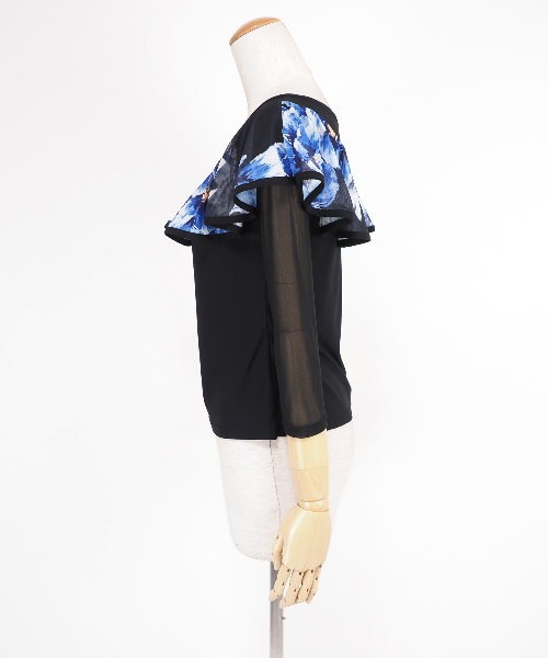 プリントデザインカットソー ブラック×ブルー花柄 【社交ダンス