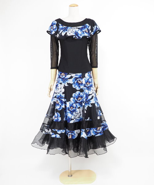 【パーティーに】新品　フリル付き黒白花柄プリント　社交ダンスツーピースr97-8 パーティーに】新品 フリル付き黒白花柄プリント 社交ダンス