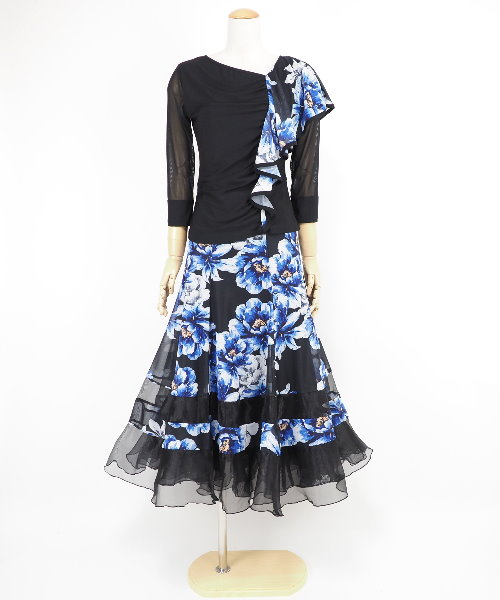 社交ダンス　プリントソフトメッシュ　スカート　ブルー ソフトメッシュ裾フリルスカート ブルー系柄 【社交ダンス 衣装