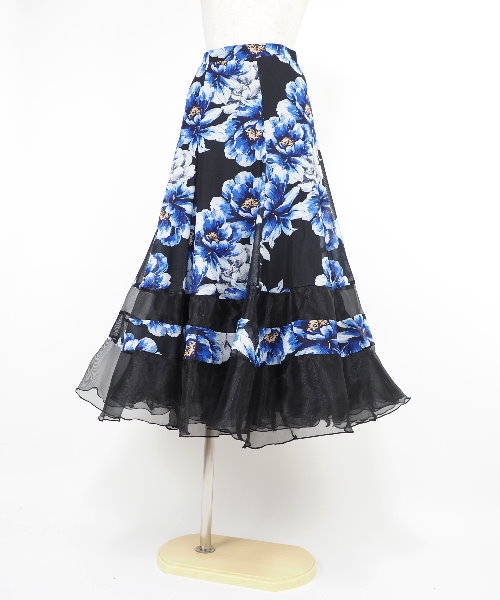 ソフトメッシュ裾フリルスカート ブルー系柄 【社交ダンス 衣装
