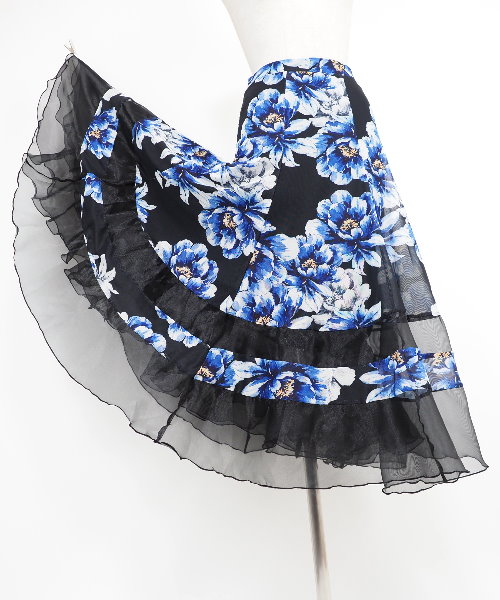 ソフトメッシュ裾フリルスカート ブルー系柄 【社交ダンス 衣装