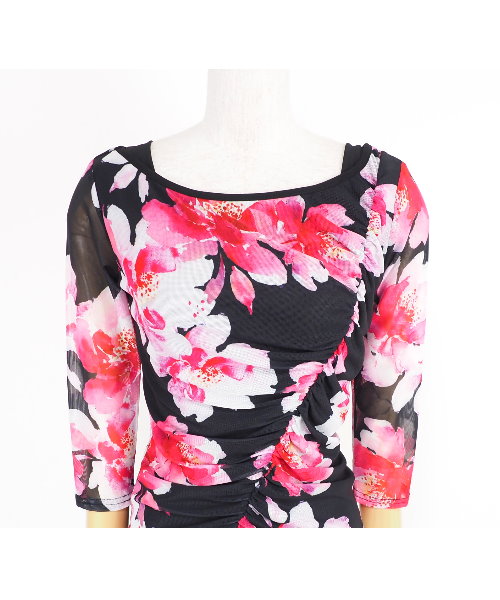 プリントデザインカットソー ピンク系花柄 【社交ダンス 衣装