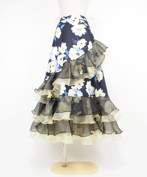 社交ダンス　オーガンジーフリル　スカート　ブルー&ブラック オーガンジーフリルのロングスカート BU 【社交ダンス 衣装