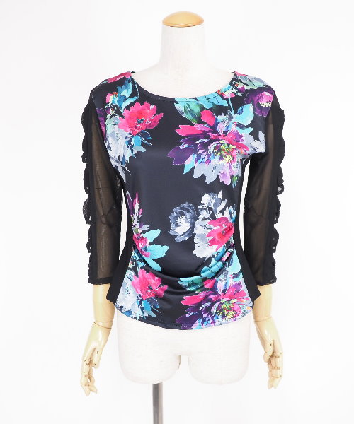 【パーティーに】新品　フリル付き黒白花柄プリント　社交ダンスツーピースr97-8 パーティーに】新品 フリル付き黒白花柄プリント 社交ダンス