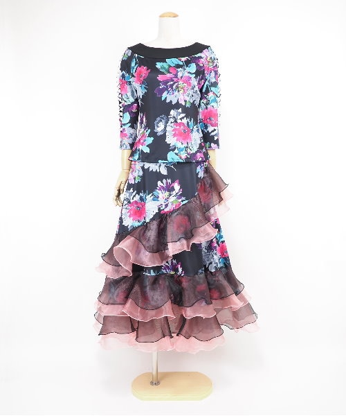 Lサイズ プリントデザインカットソー ブラック×ピンク系柄