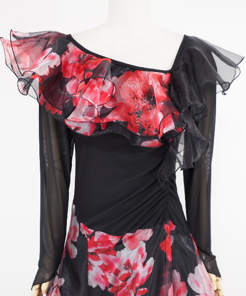 プリントオーガンジードレス レッド 【社交ダンス 衣装 ワンピース