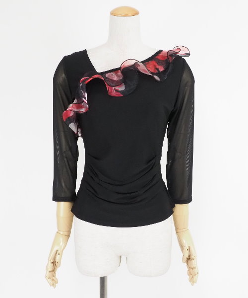 プリントオーガンジーフレアスカート ブラック レッド 【社交ダンス