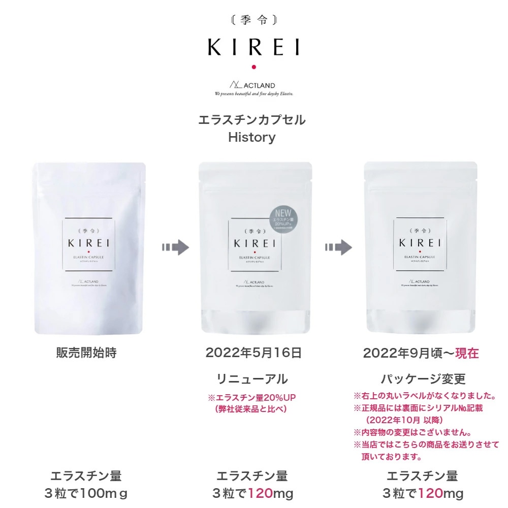 季令（ KIREI ） エラスチンカプセル 100粒 高純度エラスチン 100％天然由来 コラーゲン エラスチン ヒアルロン酸 エイジングケア