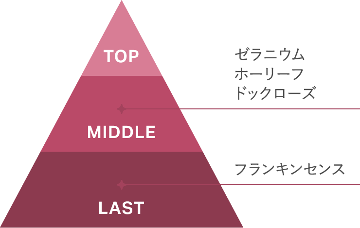 TOP / MIDDLE ゼラニウム・ホーリーフ・ドックローズ / LAST フランキンセンス