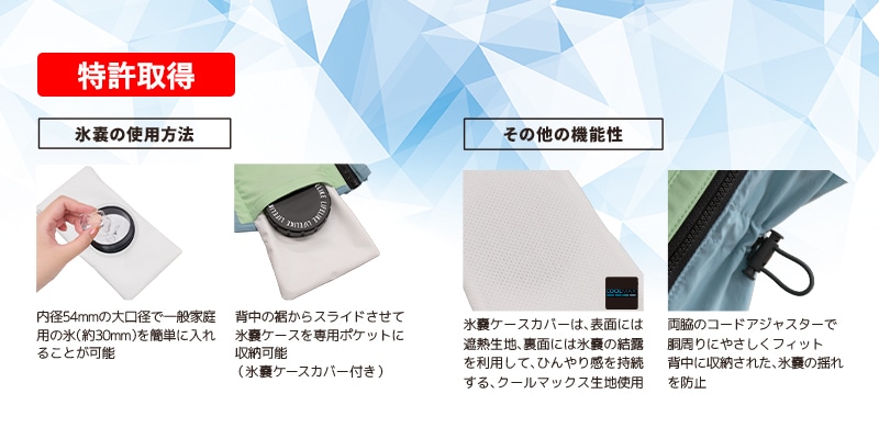 氷と冷水を使用することで、厳しい猛暑の中でも冷却効果が長時間持続♪特許取得の「氷嚢一体型ベスト」