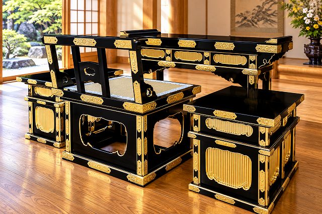 金具付き、前机と椅子型登高座