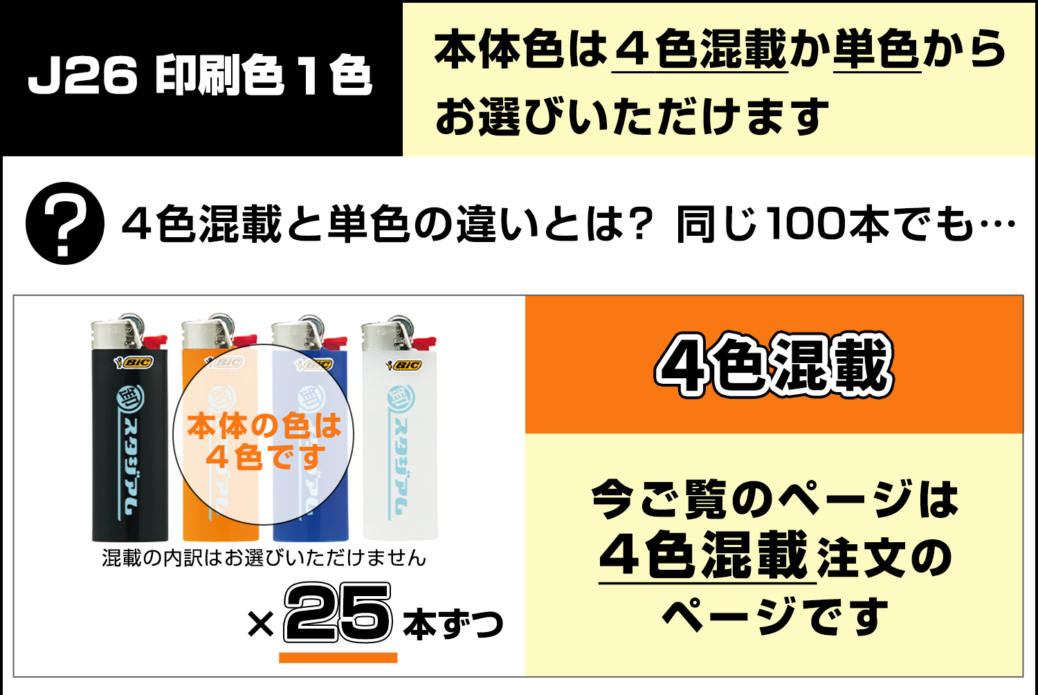 名入れ BICライター J26 レギュラーライター 本体4色混載 印刷色1色
