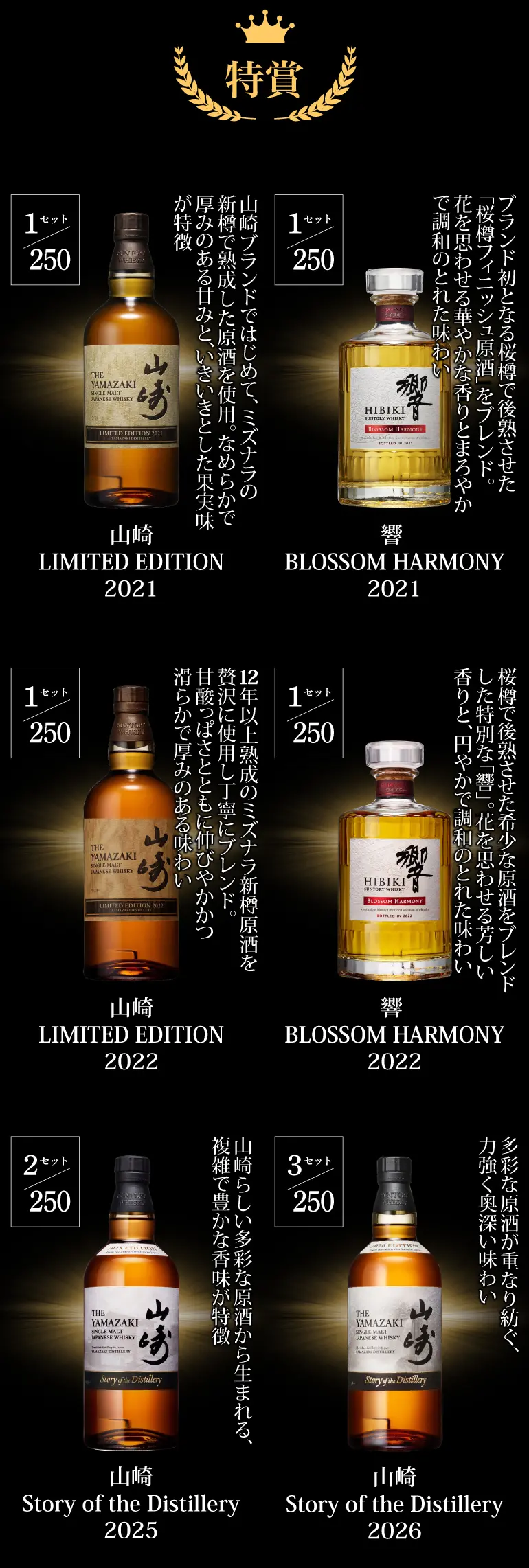 1/10の確率で特賞以上！<br>山崎18年！響21年！山崎/白州/響の限定