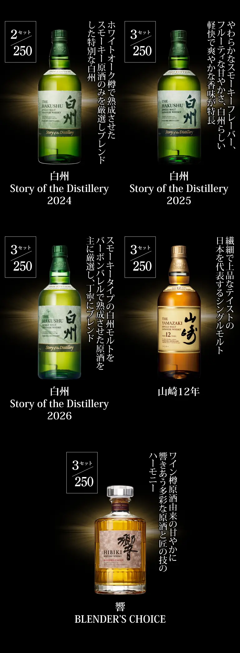 1/10の確率で特賞以上！<br>山崎18年！響21年！山崎/白州/響の限定