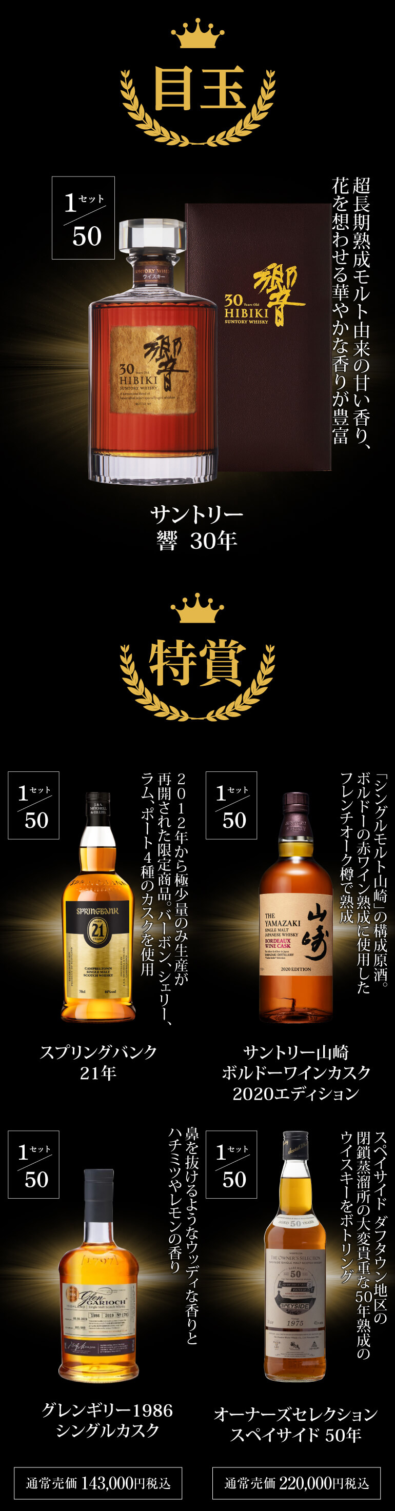 1/10の確率で特賞以上！目玉は響30年！スプリングバンク21年 山崎