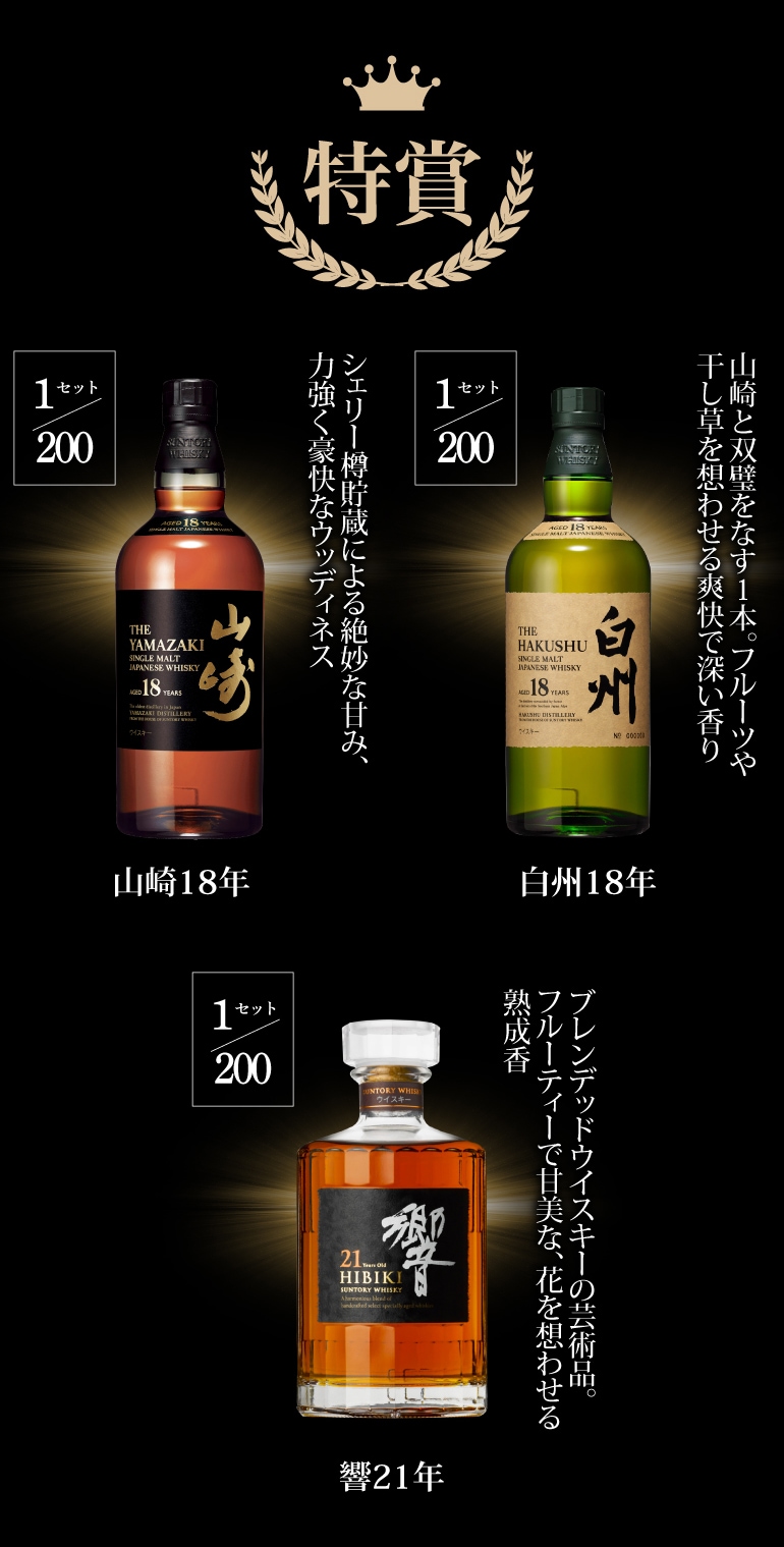Hibiki 21年、山崎18年、白州18年 セット　 ※空ビン３本 運が良ければ山崎18年 白州18年 響21年が入っているかも!? 必ず