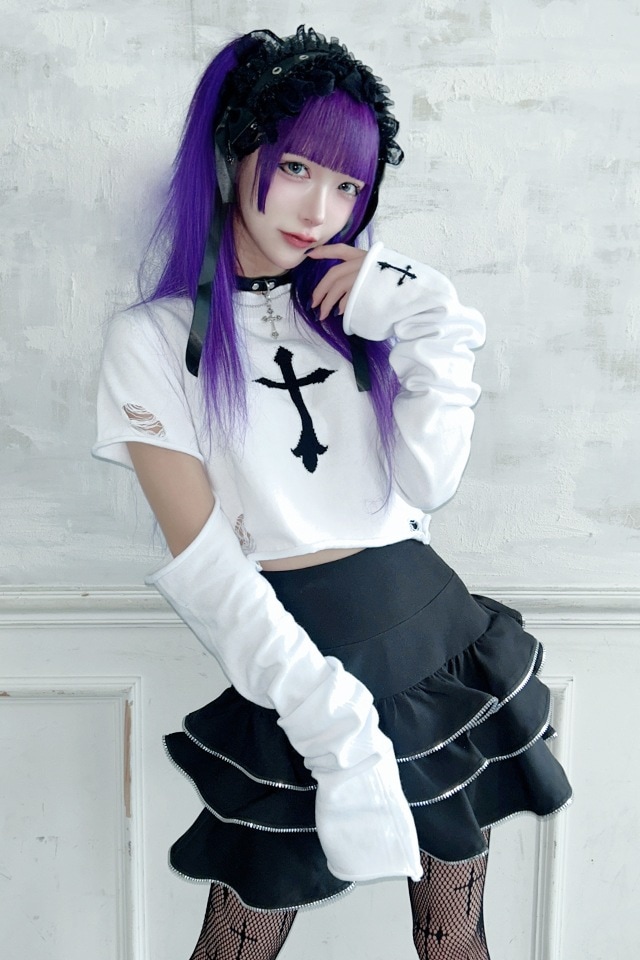 MA*RS】クロス刺繍クラッシュショートニット - ホワイト size-F