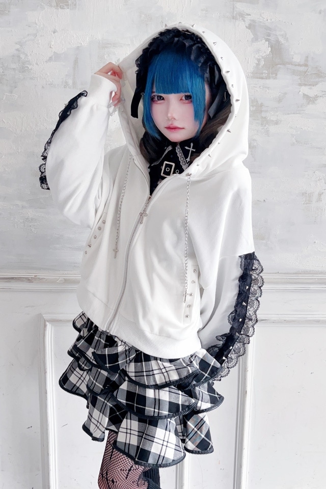 MARS スタッズ付き クロス刺繍 ビッグパーカー 地雷 MA*RS】スタッズ付きクロス刺繍ビックパーカー - ブラック size