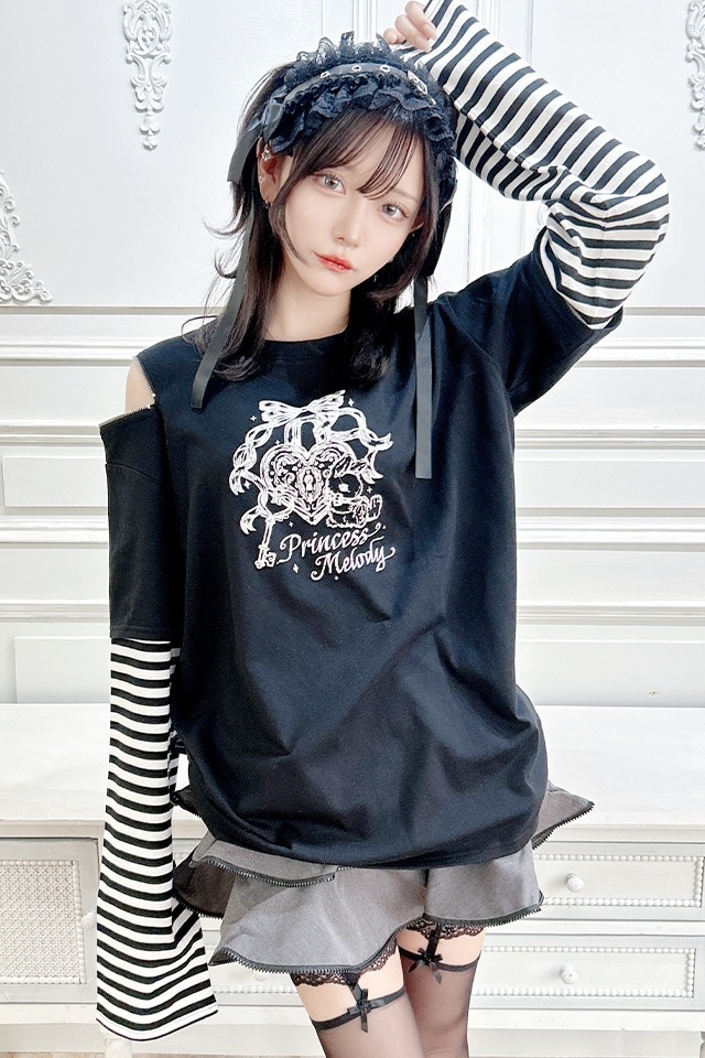 Princess Melody】りぼんラビットボーダー袖ロンT - ブラック size-F