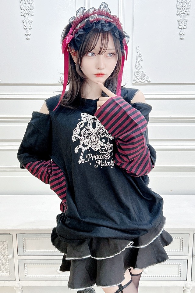 Princess Melody】りぼんラビットボーダー袖ロンT - ブラック size-F