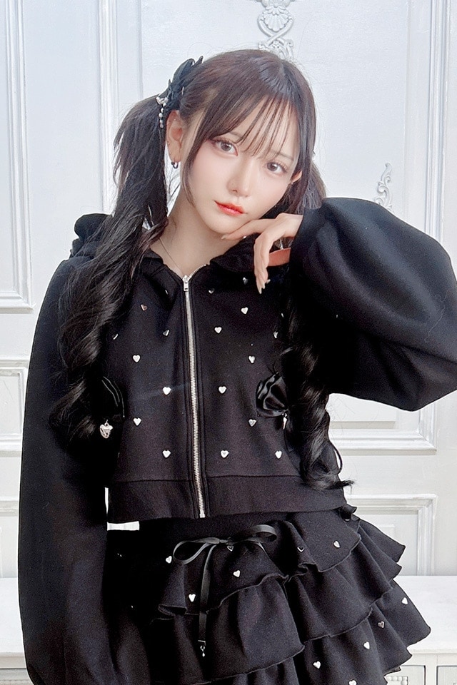 Princess Melody】【裏起毛】ハートスタッズショートパーカー - BLK