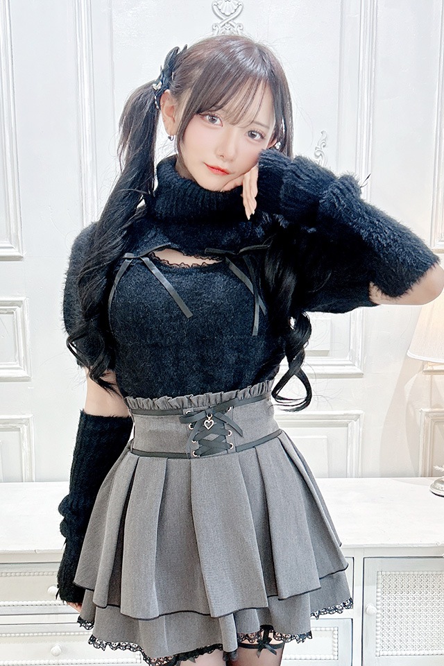 MA*RS】アームウォーマー付き胸開きシャギーニット - ブラック size-F