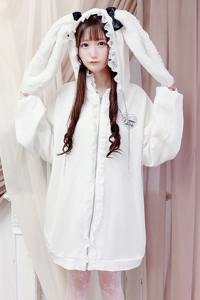 完売大人気商品♡！！トゥララ　甘々♡ホワイトベロアパーカー Princess Melody】うさみみファー裏起毛パーカー - BLK/ホワイト size