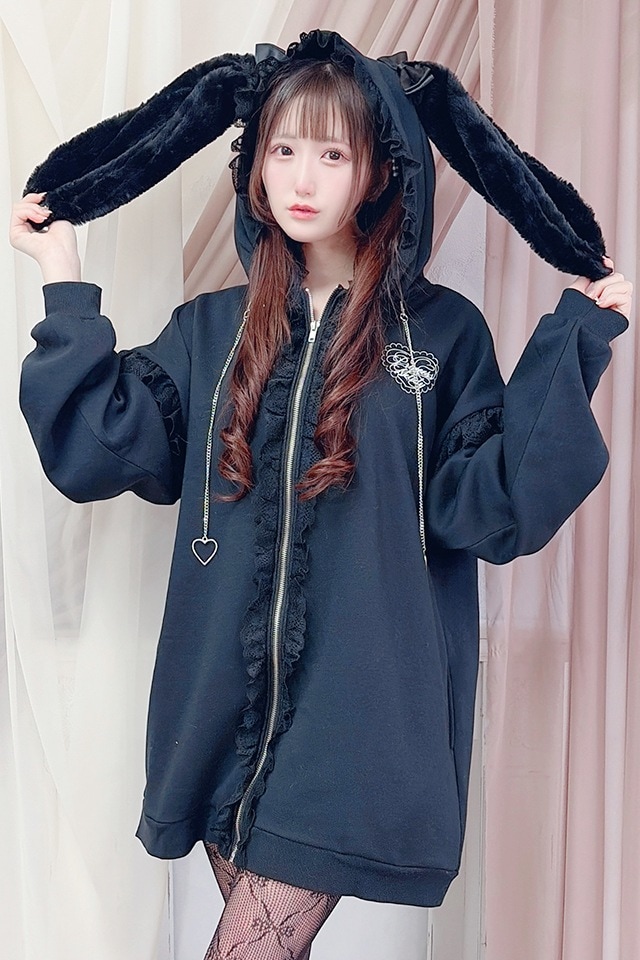 Princess Melody】うさみみファー裏起毛パーカー - ブラック size-F