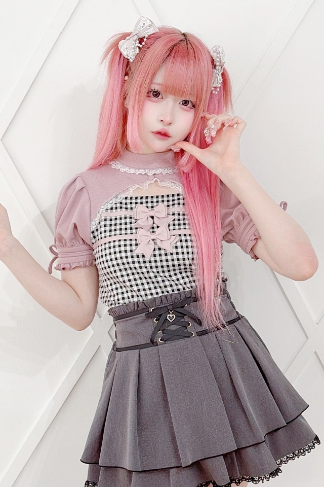 MA*RS】胸開きギンガムチェックリボンテレコトップス - BLK/BLK size-F