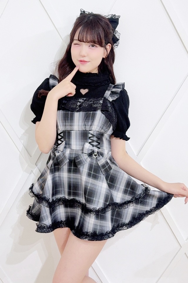 A18865 未使用 ジェニーギャルソン 総柄デザイン 半袖ワンピース 黒44 Princess Melody】ダブルりぼんチェック柄コルセット風キャミ