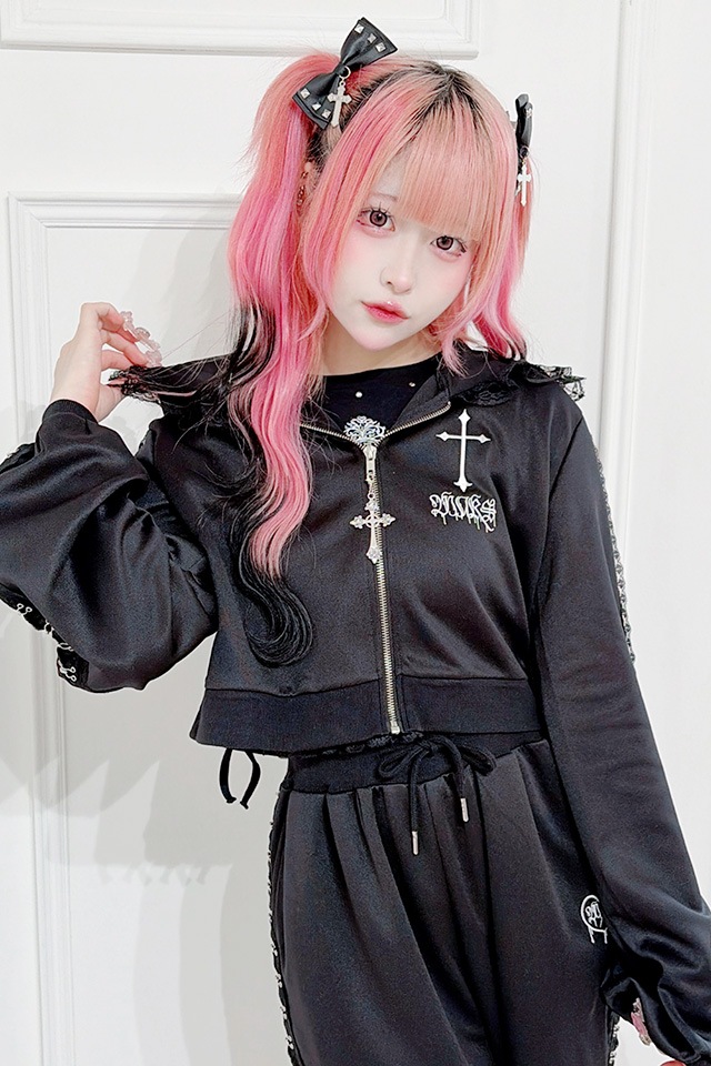 MA*RS】レースホック×クロスショートパーカー - ブラック size-F