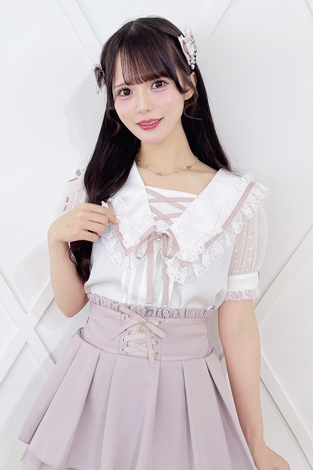 MA*RS】袖シアーリボンレースセーラーブラウス - WHT/ピンク size-F