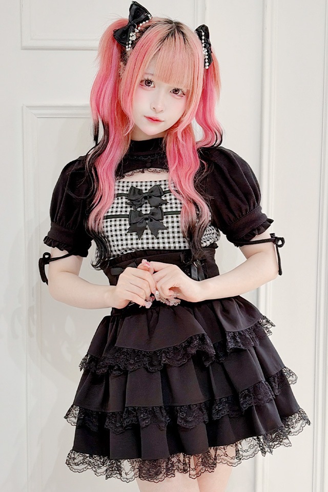 MA*RS】胸開きギンガムチェックリボンテレコトップス - BLK/BLK size-F