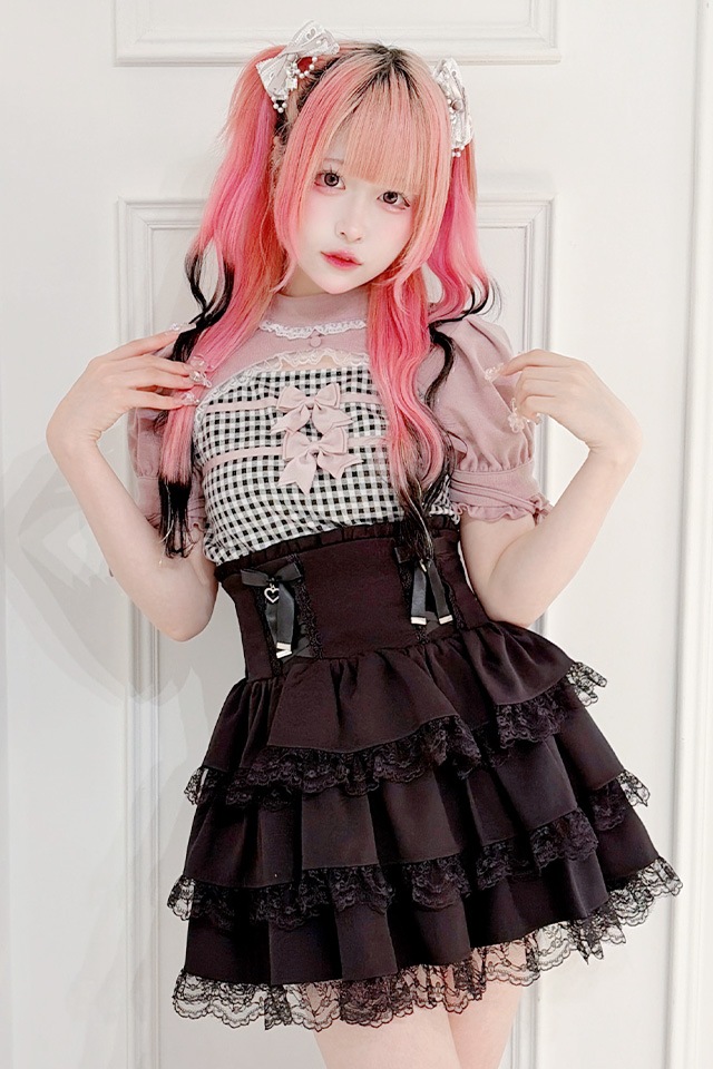 MA*RS】胸開きギンガムチェックリボンテレコトップス - BLK/BLK size-F