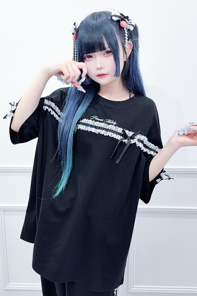 Princess Melody】りぼん×レーステープラインビッグTシャツ - ブラック