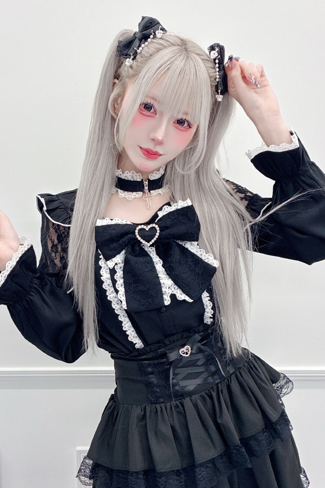 MA*RS】チョーカー付き肩フリルレースリボンブラウス - BLK/ホワイト