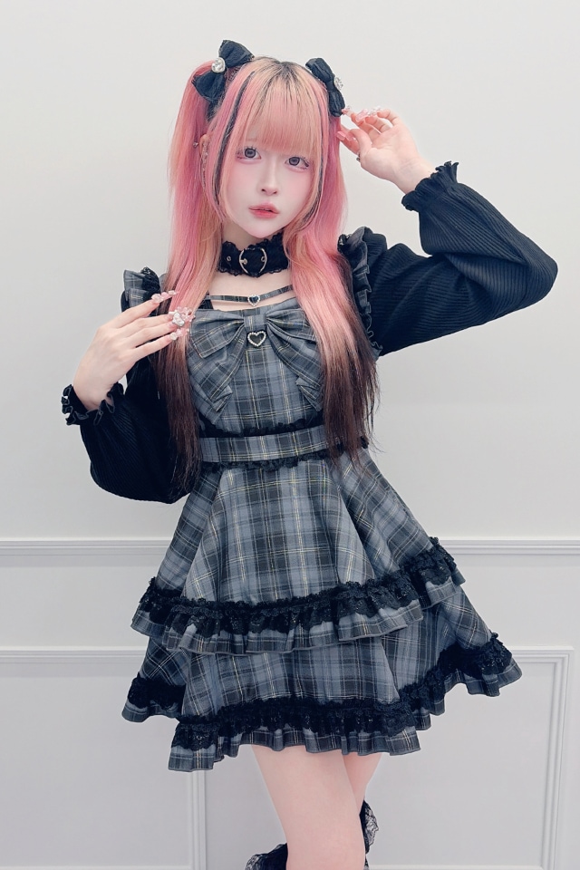 Princess Melody 黒いファーポンチョ　地雷 Princess Melody】ハートチャームテープ×りぼんワンピース - ブラック