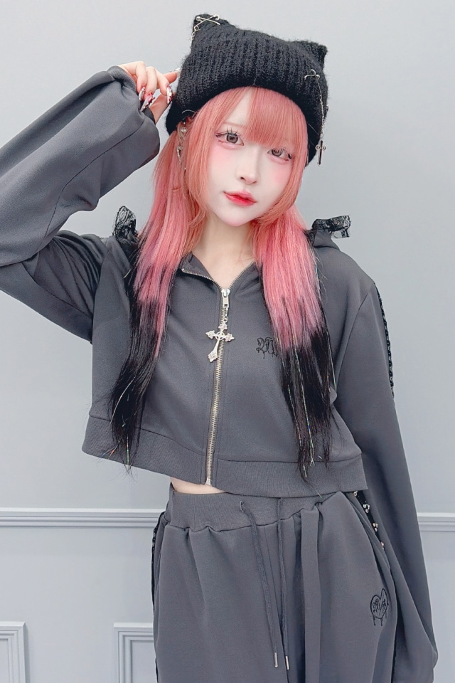 MA*RS】レースホック×クロスショートパーカー - ブラック size-F
