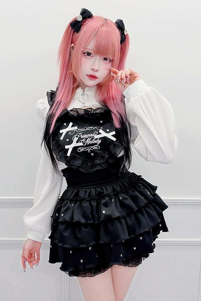 Princess Melody 黒いファーポンチョ　地雷 Princess Melody】【2点SET】ハートエプロンジャンスカ&かぼちゃパンツ