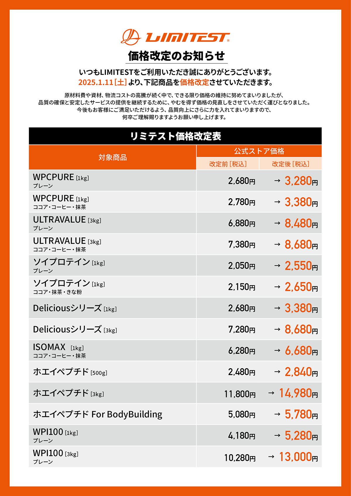 価格改定のご案内