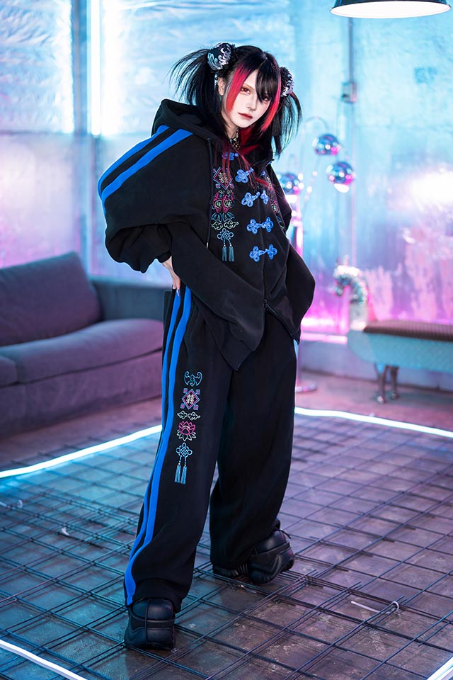 招福チャイナフリースラインパンツ【BLACK×BLUE】｜LISTEN FLAVOR