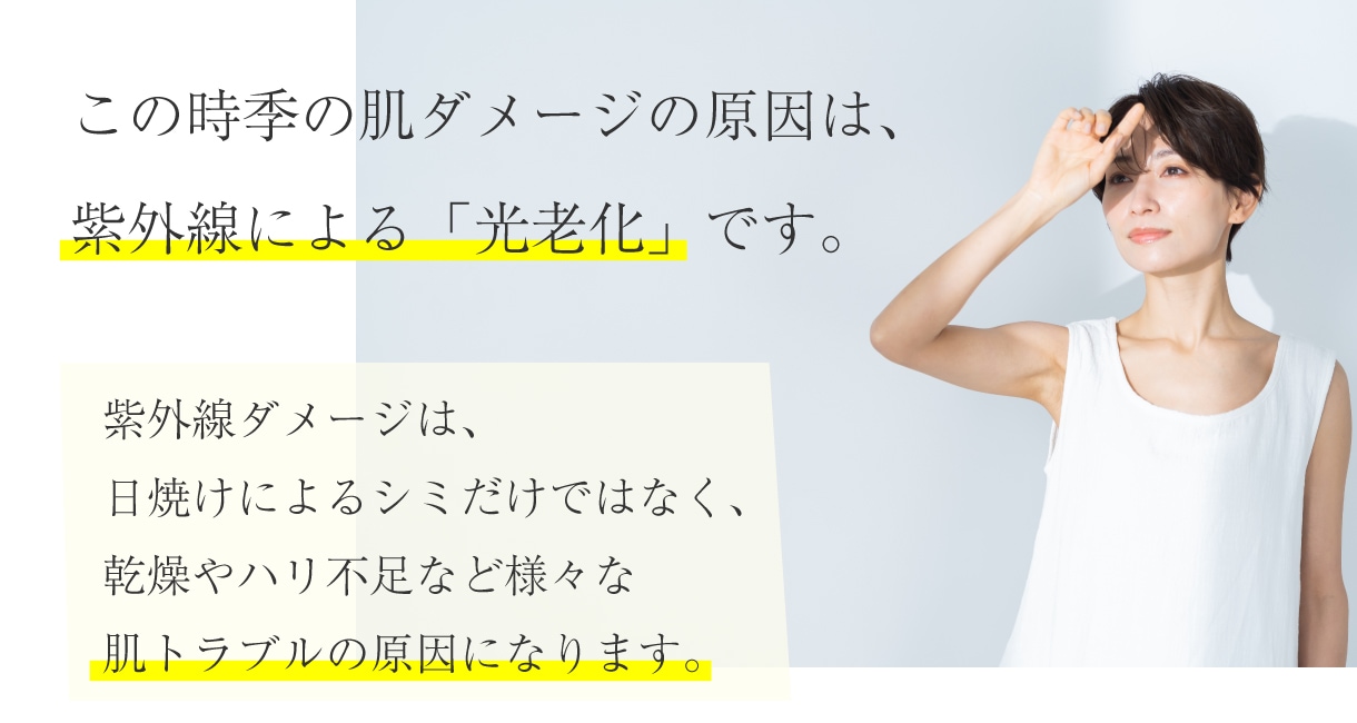 紫外線による﹁光老化﹂です。この時季の肌ダメージの原因は、紫外線ダメージは、日焼けによるシミだけではなく、乾燥やハリ不足など様々な肌トラブルの原因になります。
