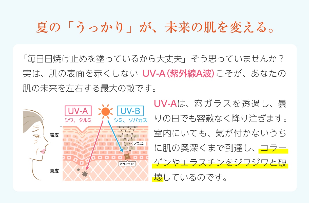 夏の「うっかり」が、未来の肌を変える。「毎日日焼け止めを塗っているから大丈夫」そう思っていませんか？実は、肌の表面を赤くしないUV-A（紫外線A波）こそが、あなたの肌の未来を左右する最大の敵です。UV-Aは、窓ガラスを透過し、曇りの日でも容赦なく降り注ぎます。
室内にいても、気が付かないうちに肌の奥深くまで到達し、コラーゲンやエラスチンをジワジワと破壊しているのです。